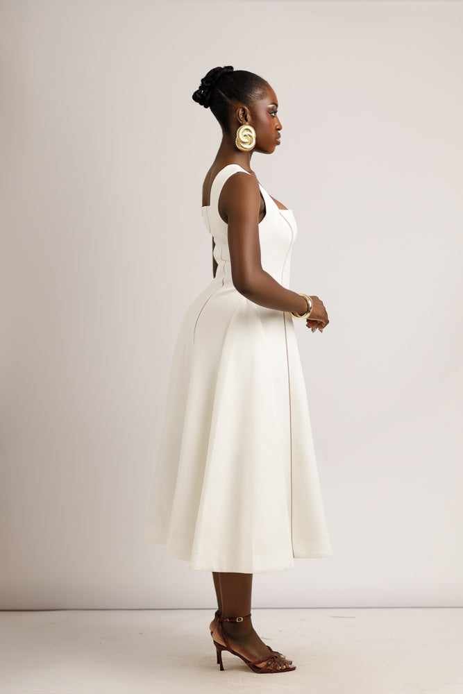 INKED IVORY PIPED DRESS