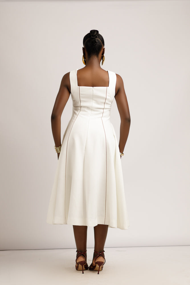 INKED IVORY PIPED DRESS