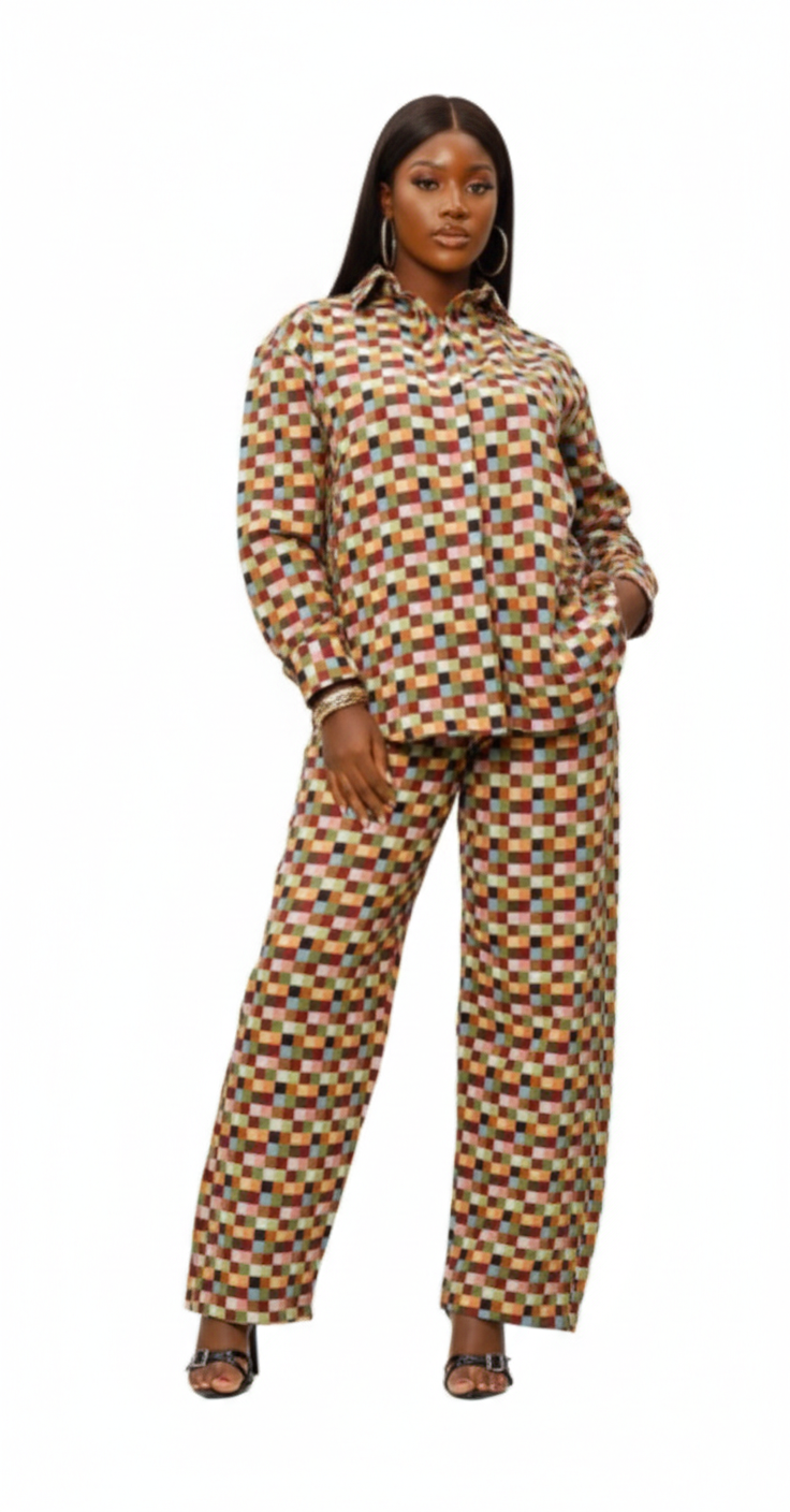 IMANI GRID PANT - BURGUNDY