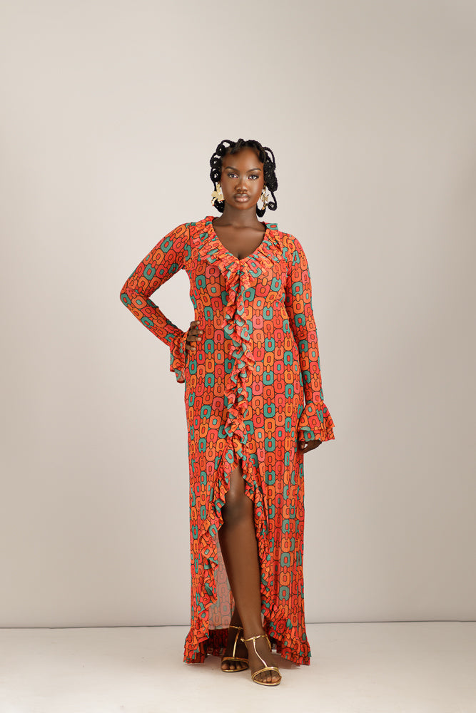 THE FIF FRILL MAXI MESH DRESS- ORANGE