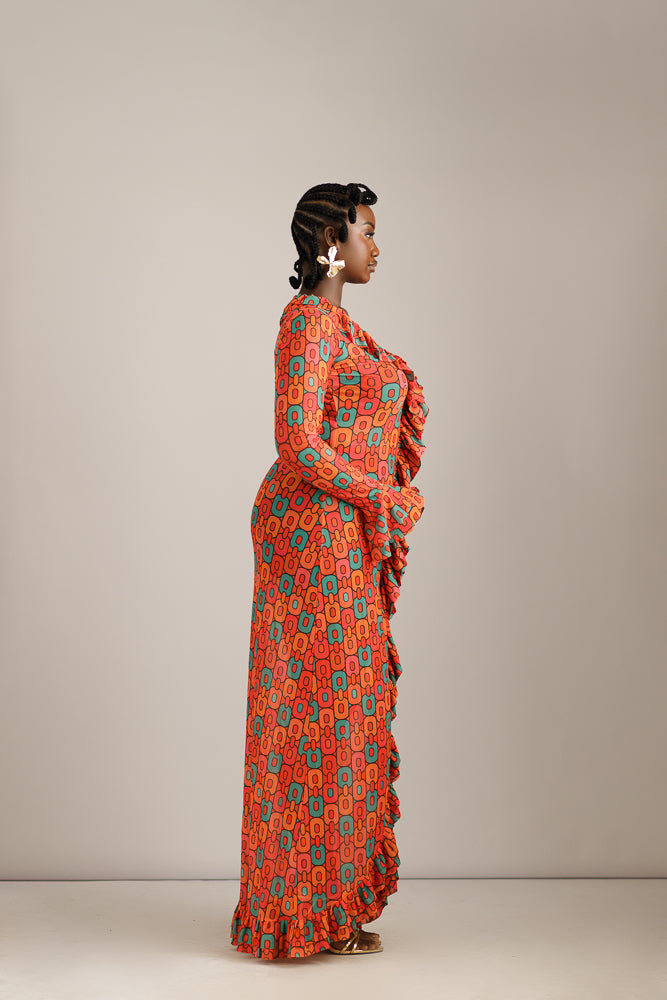 THE FIF FRILL MAXI MESH DRESS- ORANGE