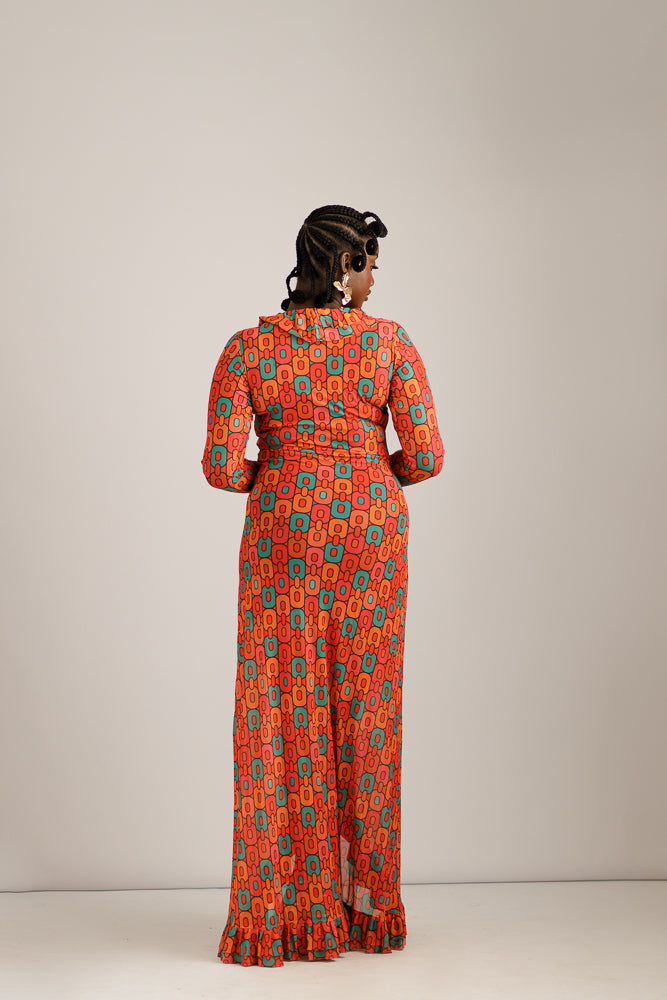 THE FIF FRILL MAXI MESH DRESS- ORANGE