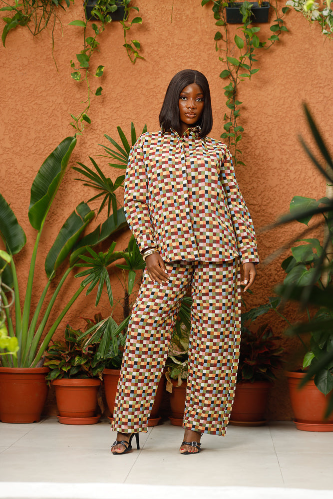 IMANI GRID PANT - BURGUNDY