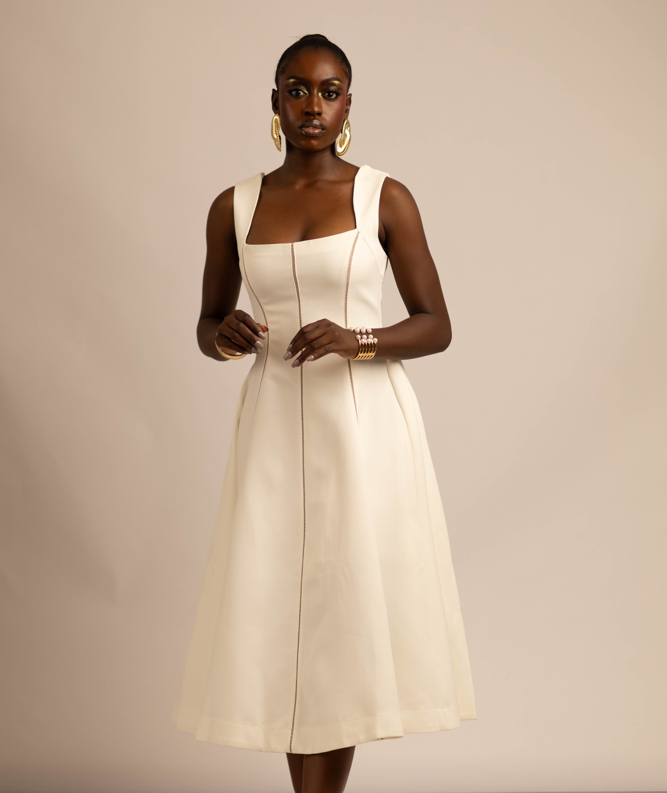 INKED IVORY PIPED DRESS